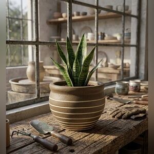 Boho Striped Ceramic Bowl Planter with Drainage, 6.5" Brown & Beige Succulent